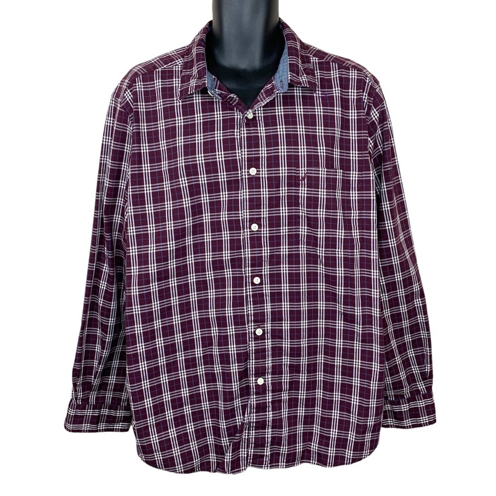 Nautica Plaid Button Down Long Sleeve Shirt Burgundy Red Purple XL
